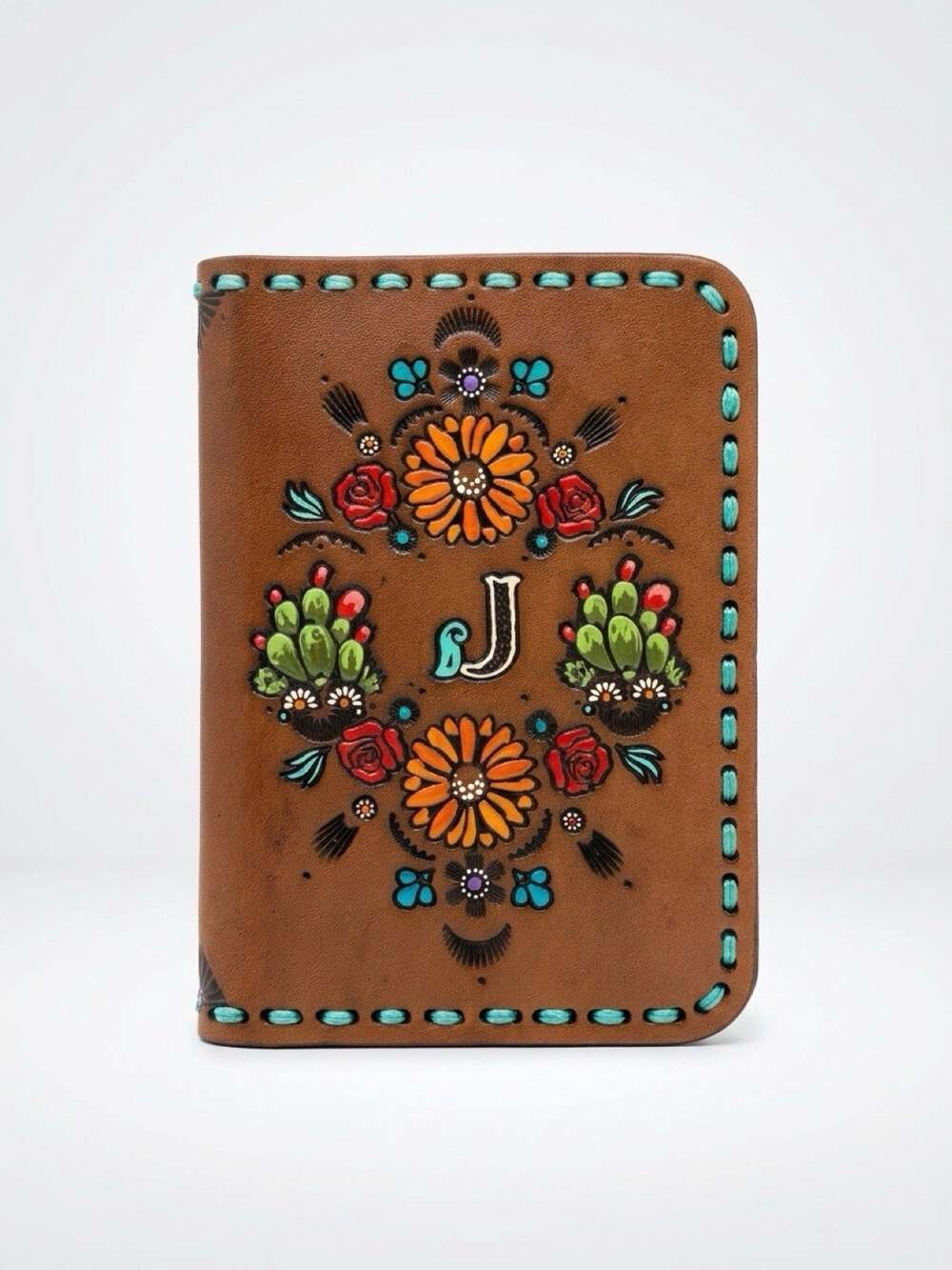 Leather Wallet Western Cowboy Rodeo Wallet Card Passport Holder Hand Tooled Flor